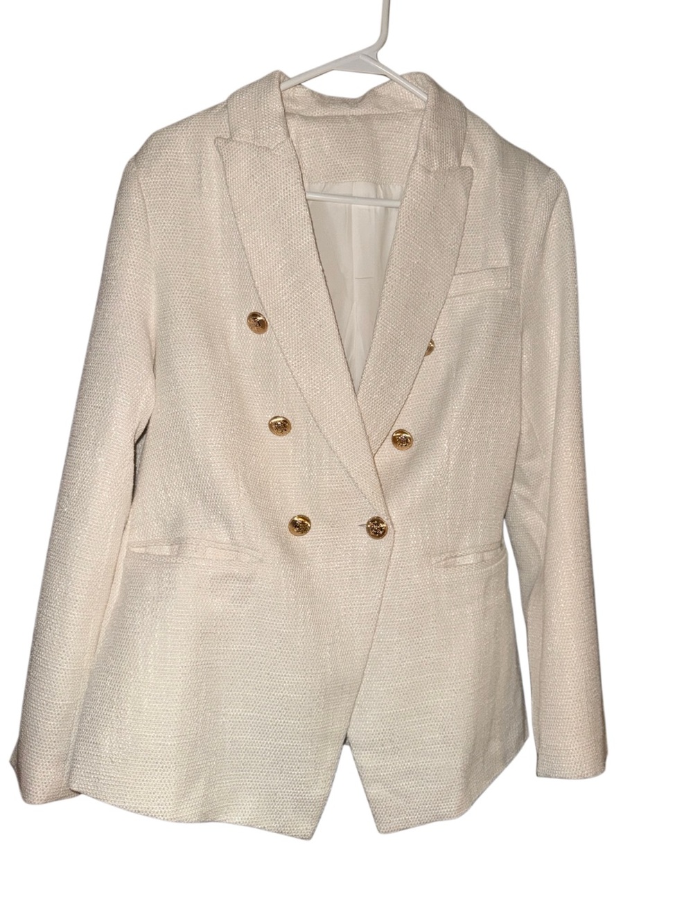 Zara Ivory Double-Breasted Textured Blazer with Gold Buttons